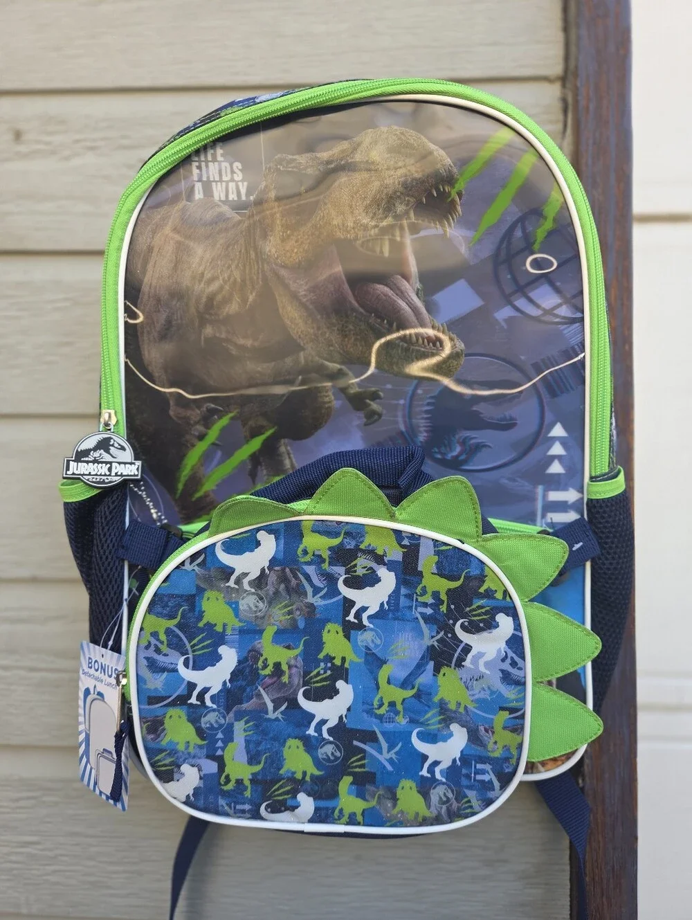 Jurassic Park Kids Backpack with Dino Lunch Box - Green & Blue